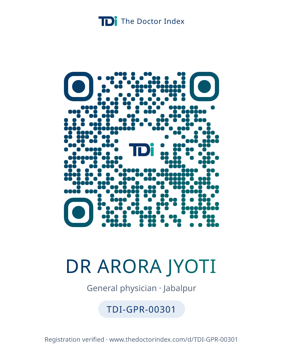 QR card for Dr Arora Jyoti, TDI-GPR-00301