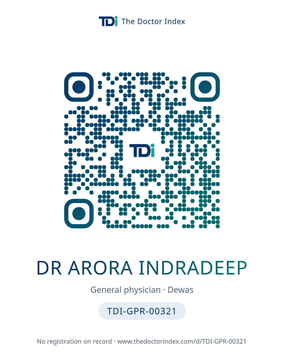 QR card for Dr Arora Indradeep, TDI-GPR-00321