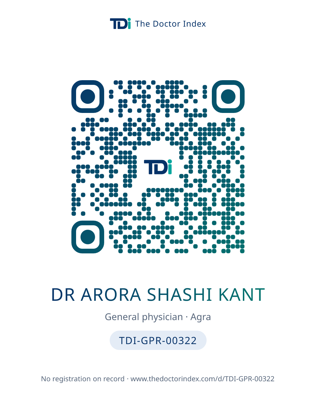 QR card for Dr Arora Shashi Kant, TDI-GPR-00322