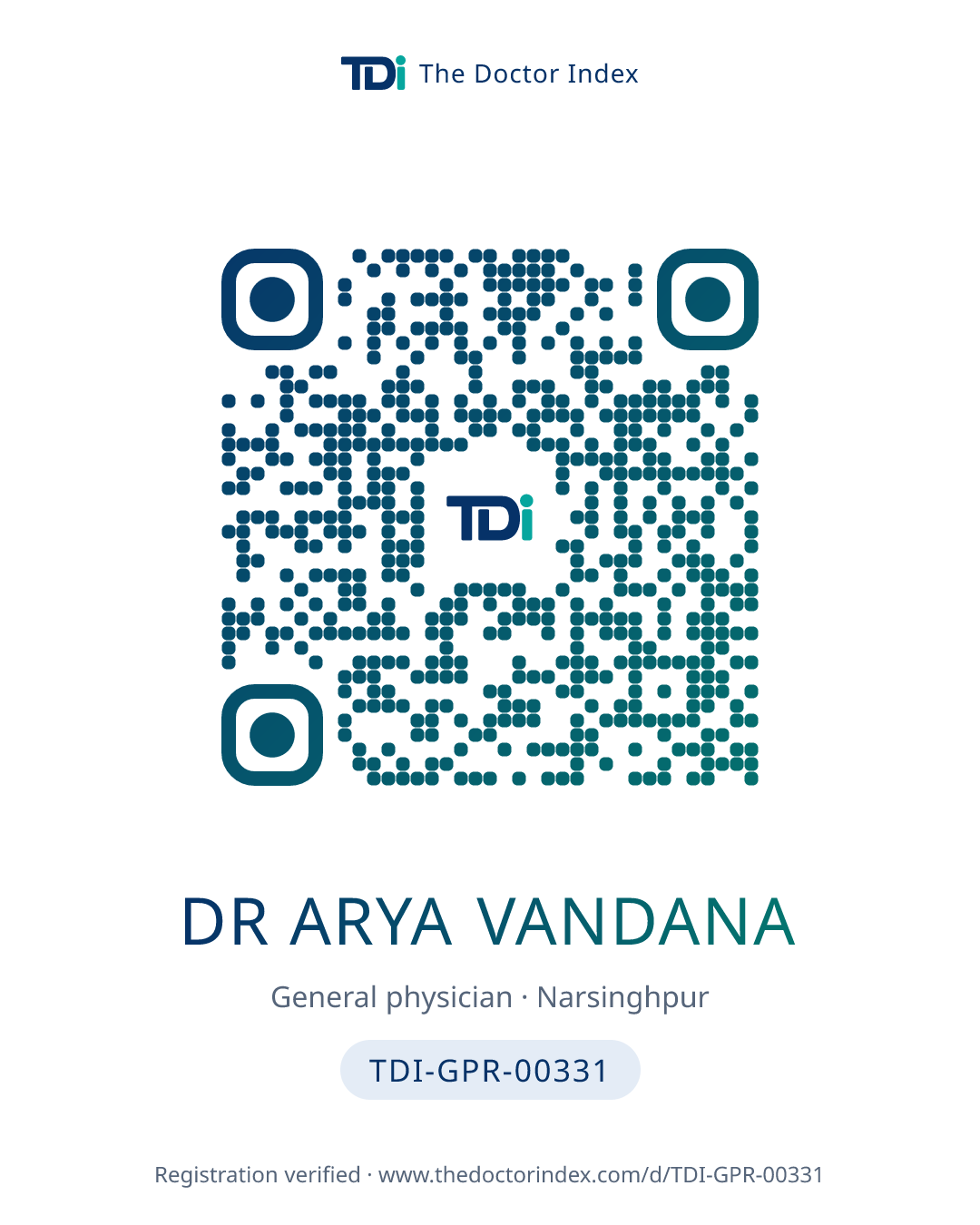QR card for Dr Arya Vandana, TDI-GPR-00331