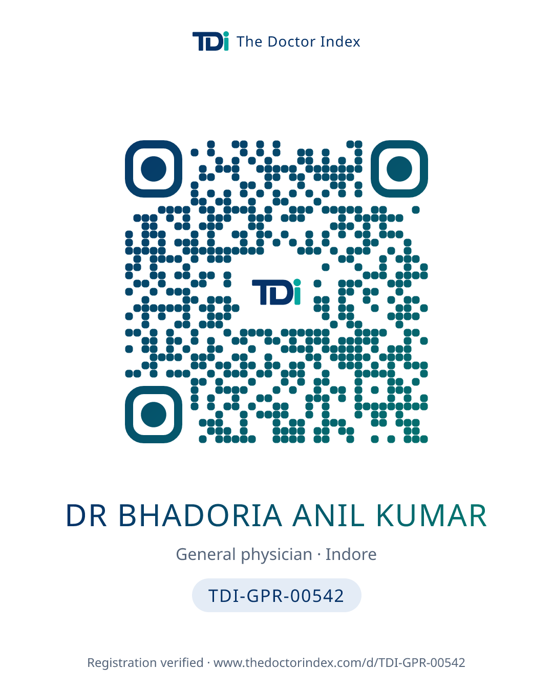 QR card for Dr Bhadoria Anil Kumar, TDI-GPR-00542