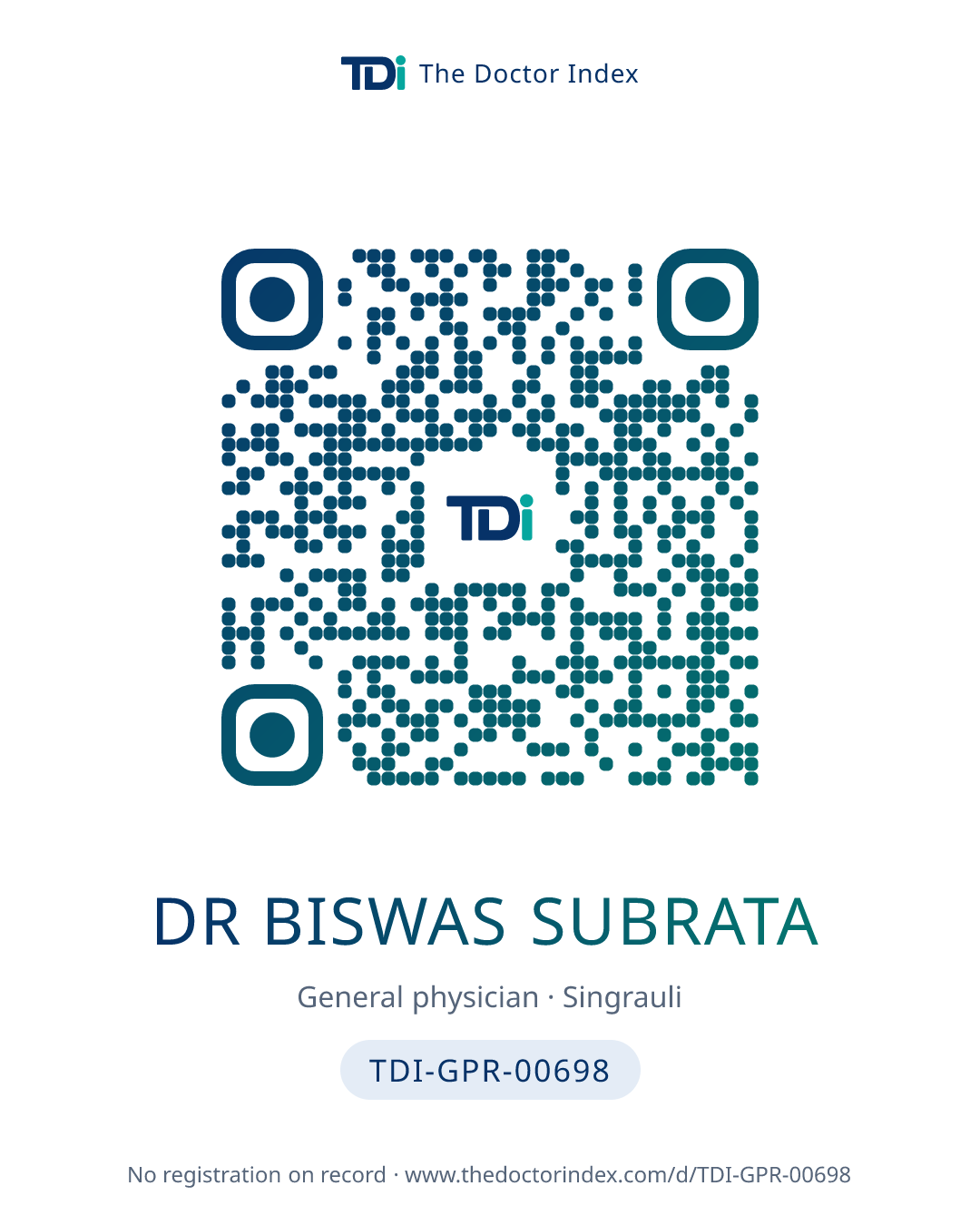 QR card for Dr Biswas Subrata, TDI-GPR-00698