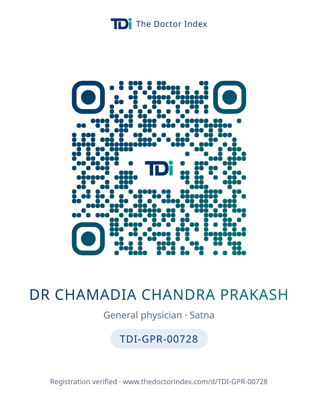 QR card for Dr Chamadia Chandra Prakash, TDI-GPR-00728