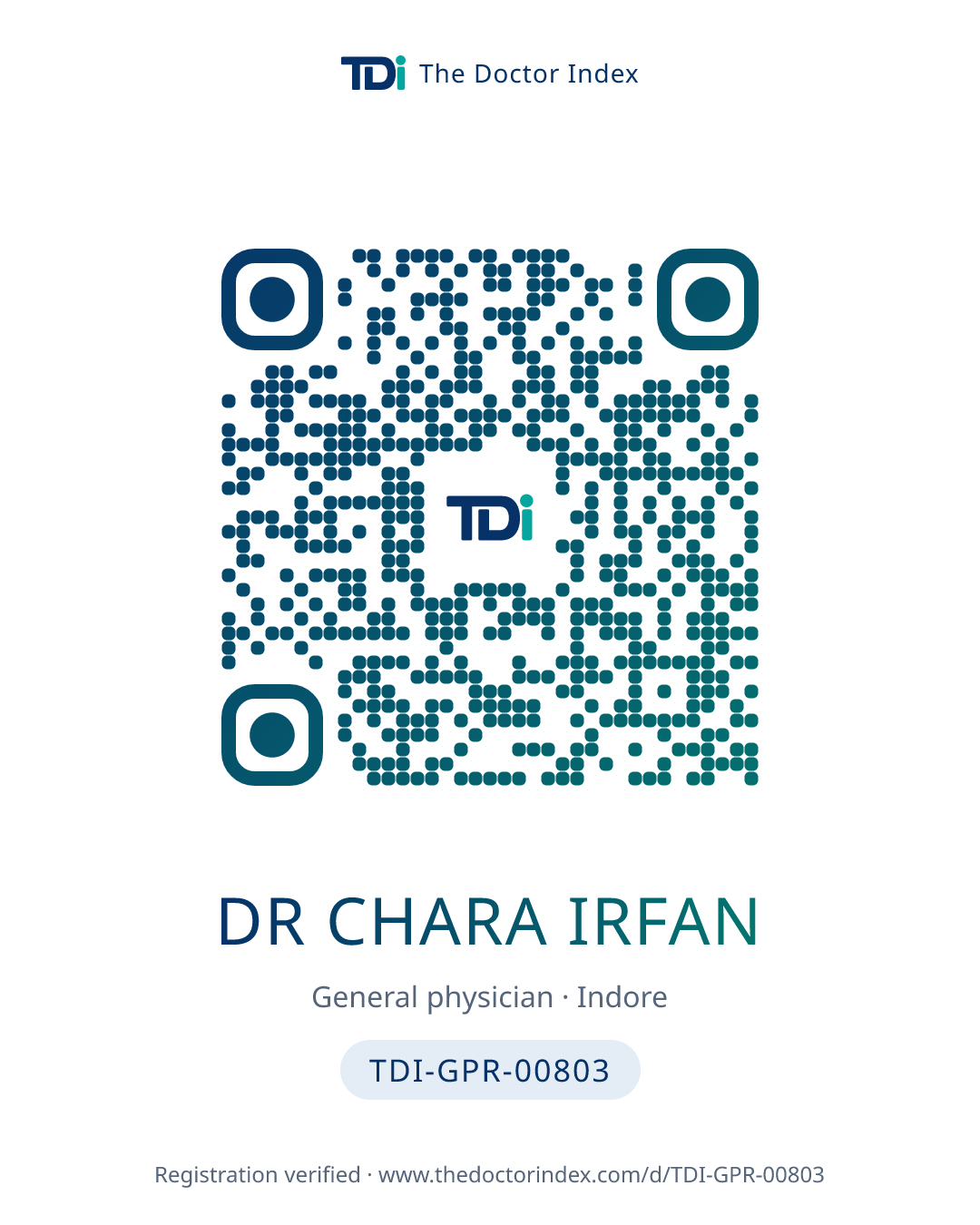 QR card for Dr Chara Irfan, TDI-GPR-00803