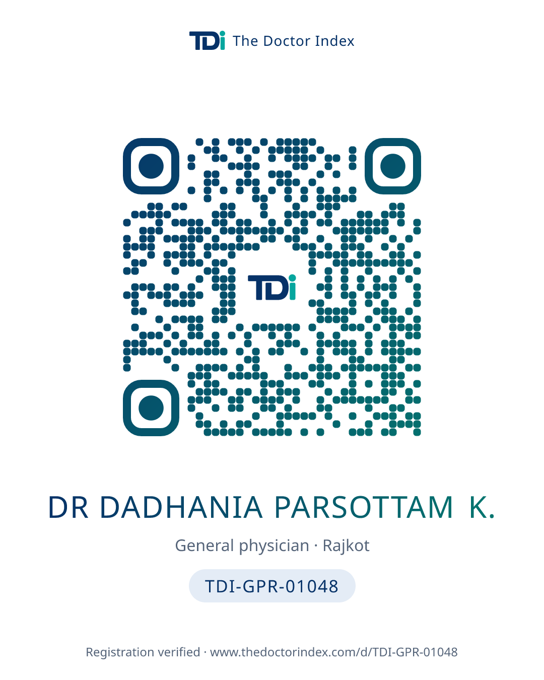 QR card for Dr Dadhania Parsottam K., TDI-GPR-01048