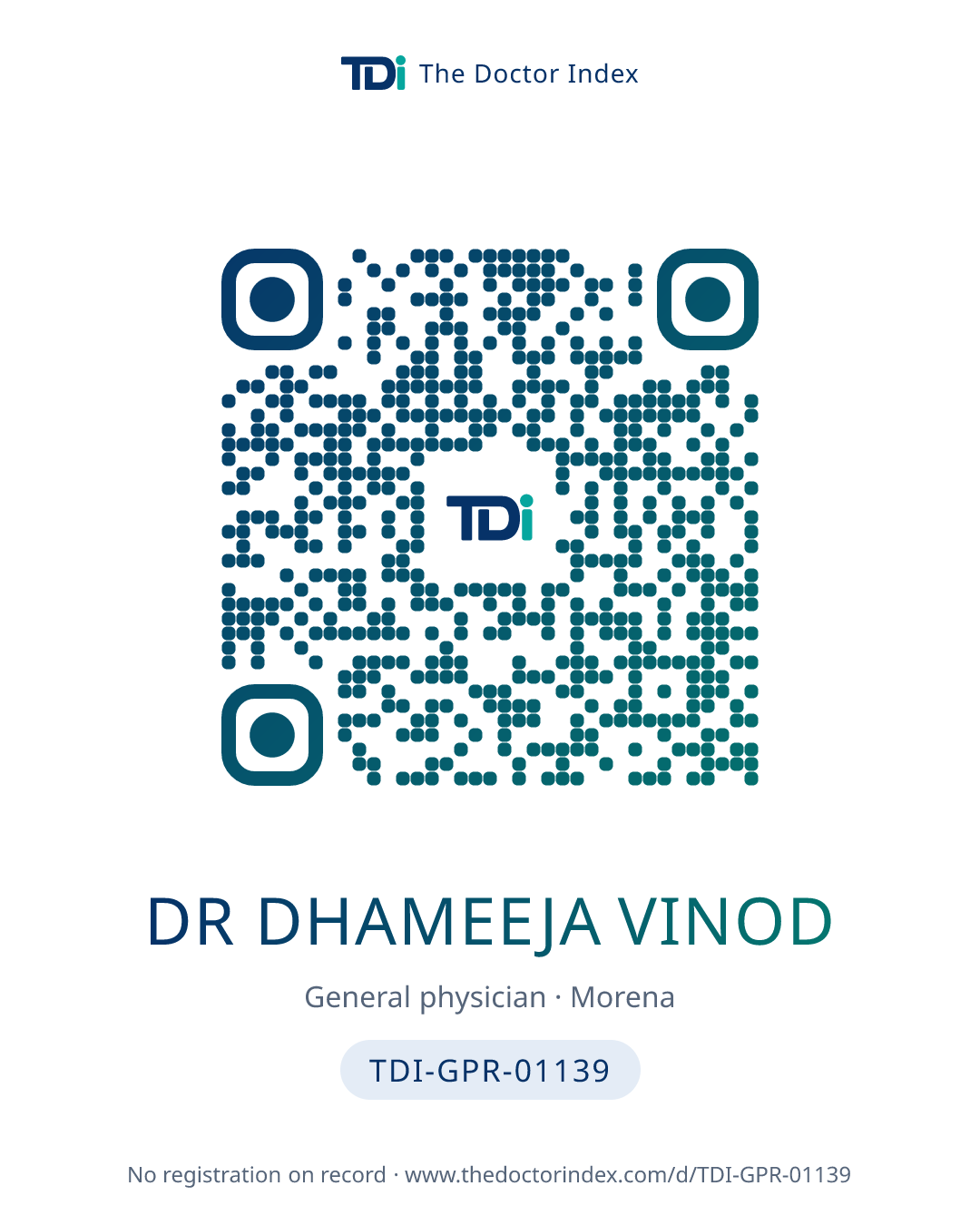 QR card for Dr Dhameeja Vinod, TDI-GPR-01139
