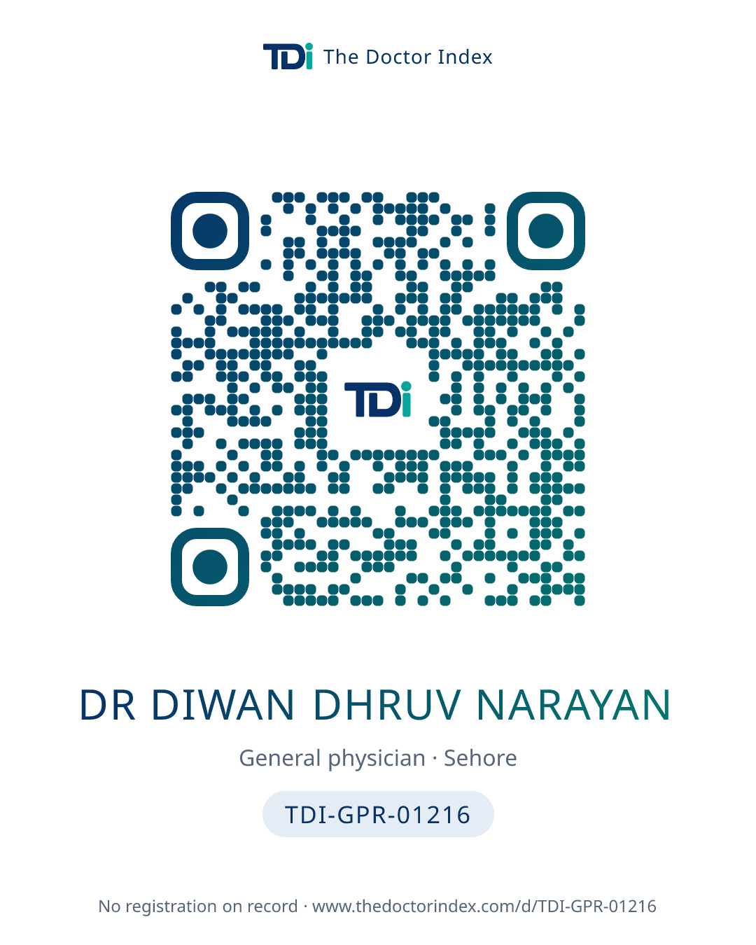 QR card for Dr Diwan Dhruv Narayan, TDI-GPR-01216