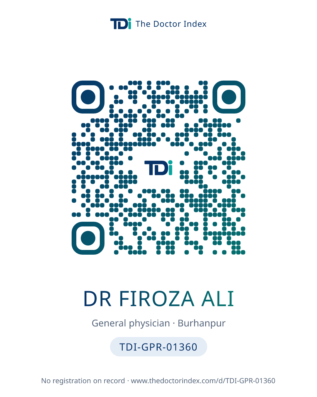 QR card for Dr Firoza Ali, TDI-GPR-01360