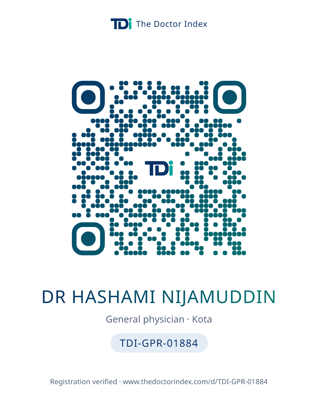 QR card for Dr Hashami Nijamuddin, TDI-GPR-01884