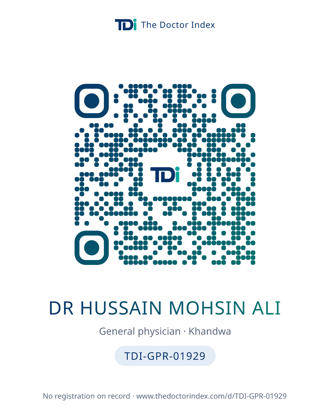 QR card for Dr Hussain Mohsin Ali, TDI-GPR-01929