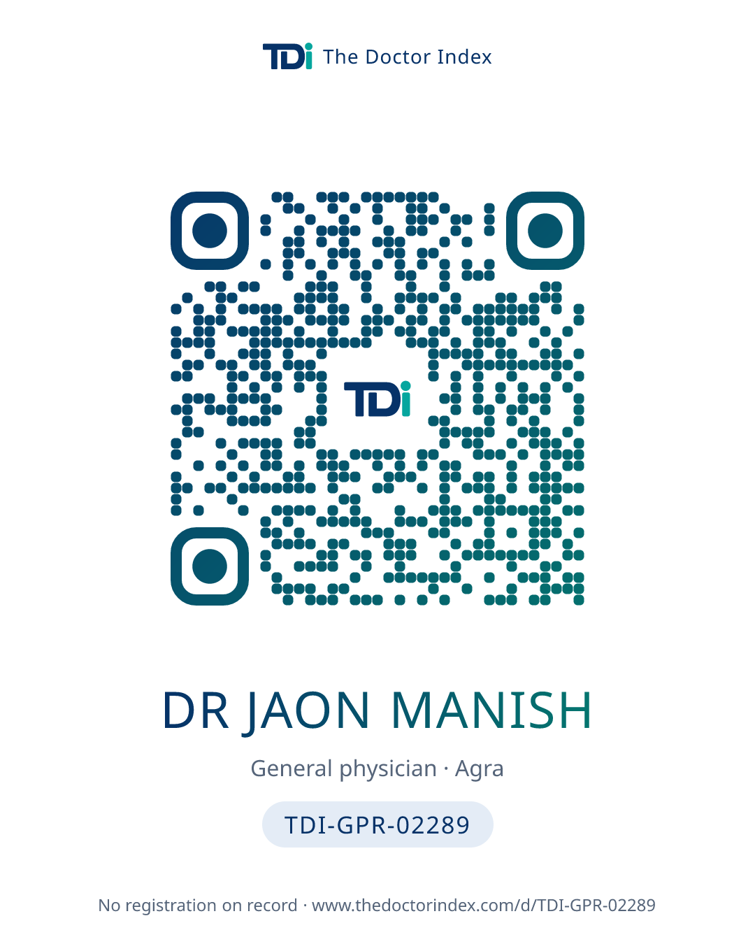 QR card for Dr Jaon Manish, TDI-GPR-02289