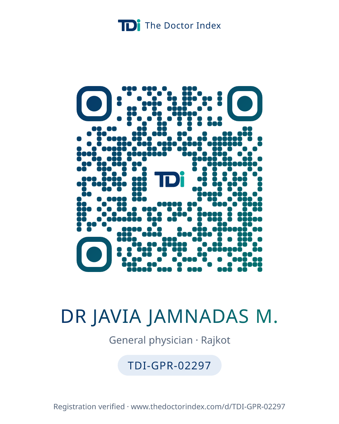 QR card for Dr Javia Jamnadas M., TDI-GPR-02297