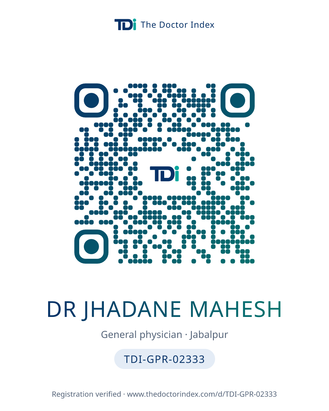 QR card for Dr Jhadane Mahesh, TDI-GPR-02333