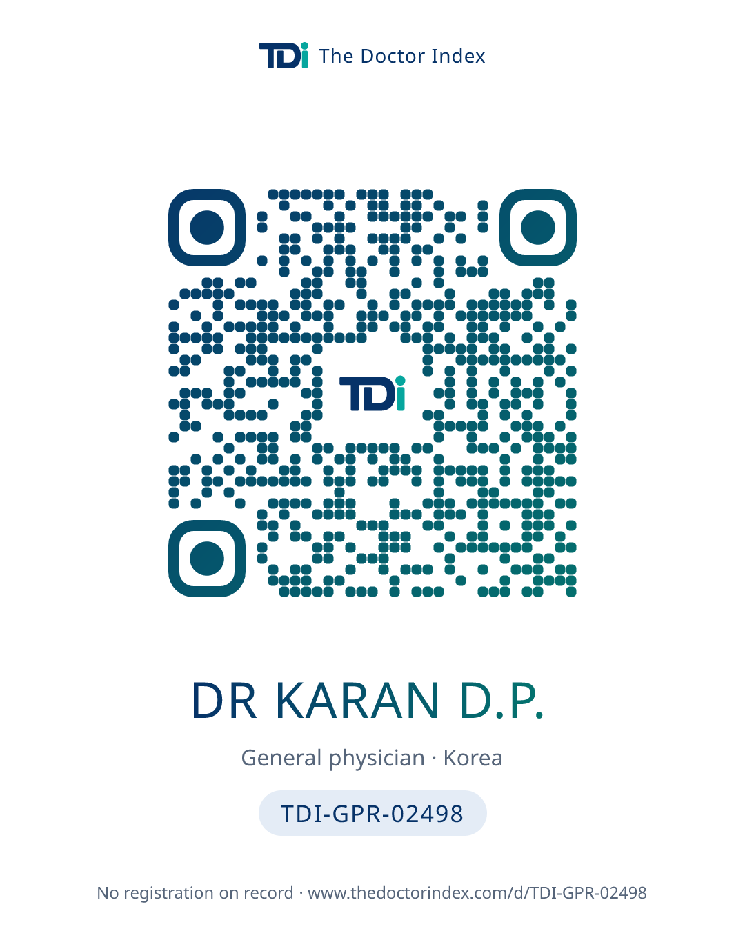 QR card for Dr Karan D.P., TDI-GPR-02498