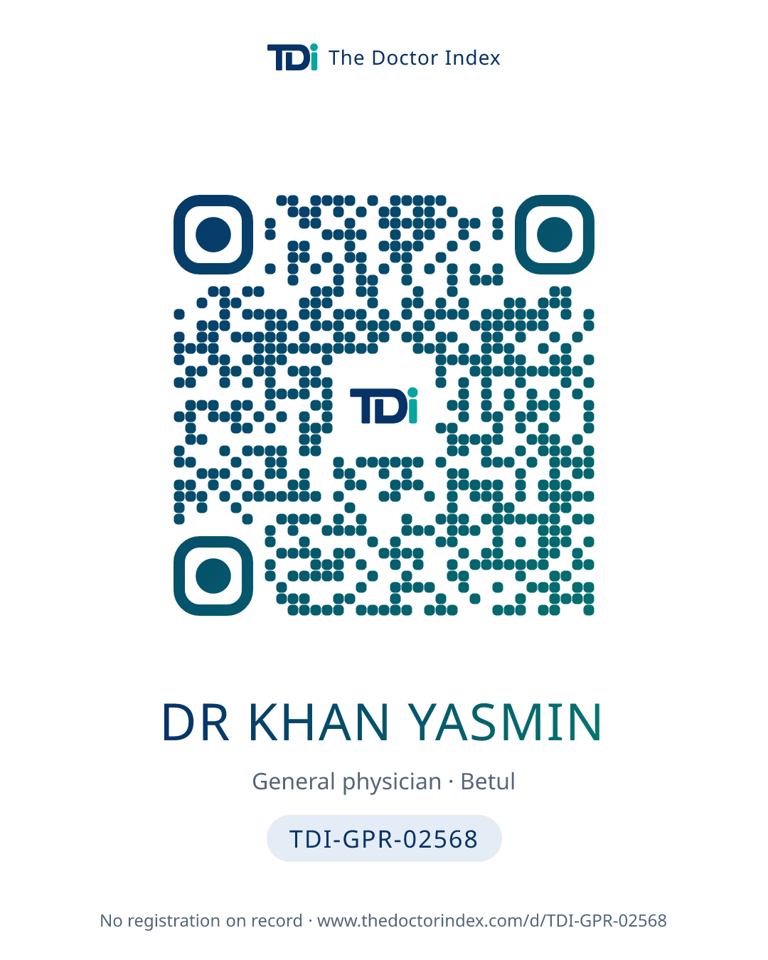 QR card for Dr Khan Yasmin, TDI-GPR-02568