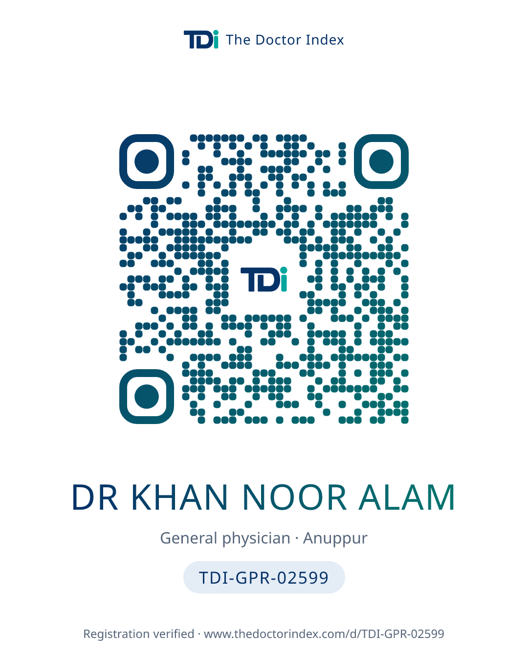 QR card for Dr Khan Noor Alam, TDI-GPR-02599