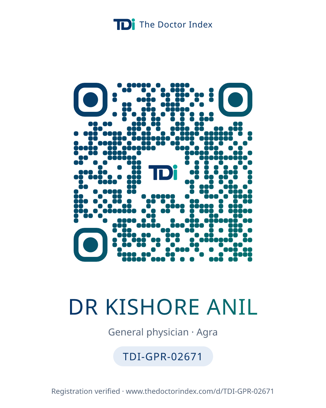 QR card for Dr Kishore Anil, TDI-GPR-02671