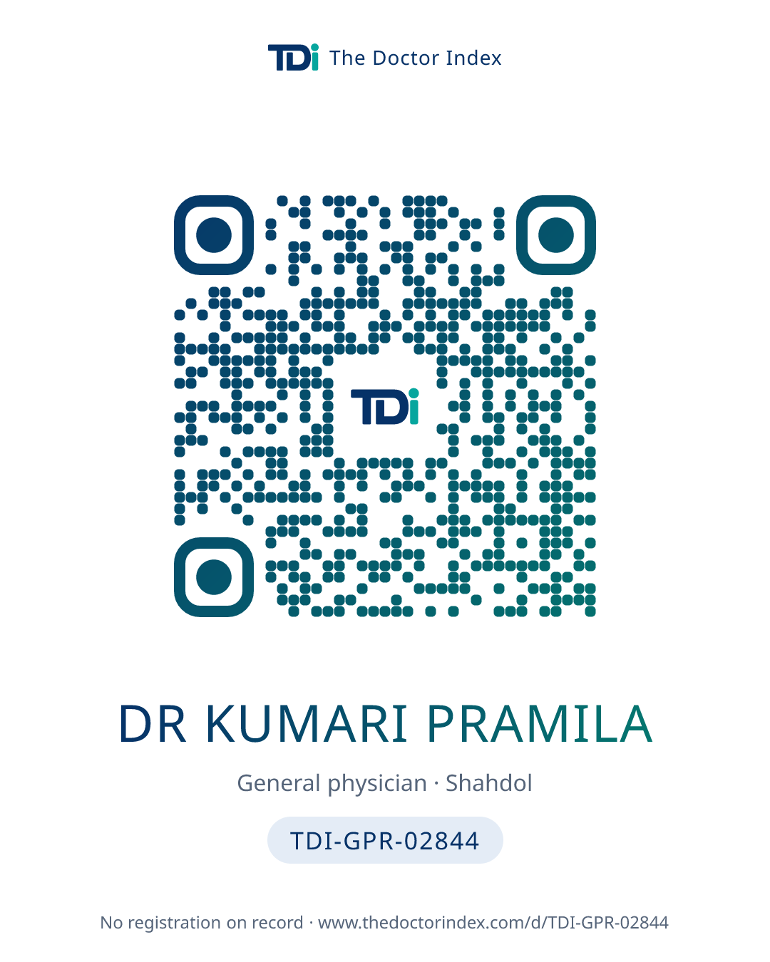 QR card for Dr Kumari Pramila, TDI-GPR-02844
