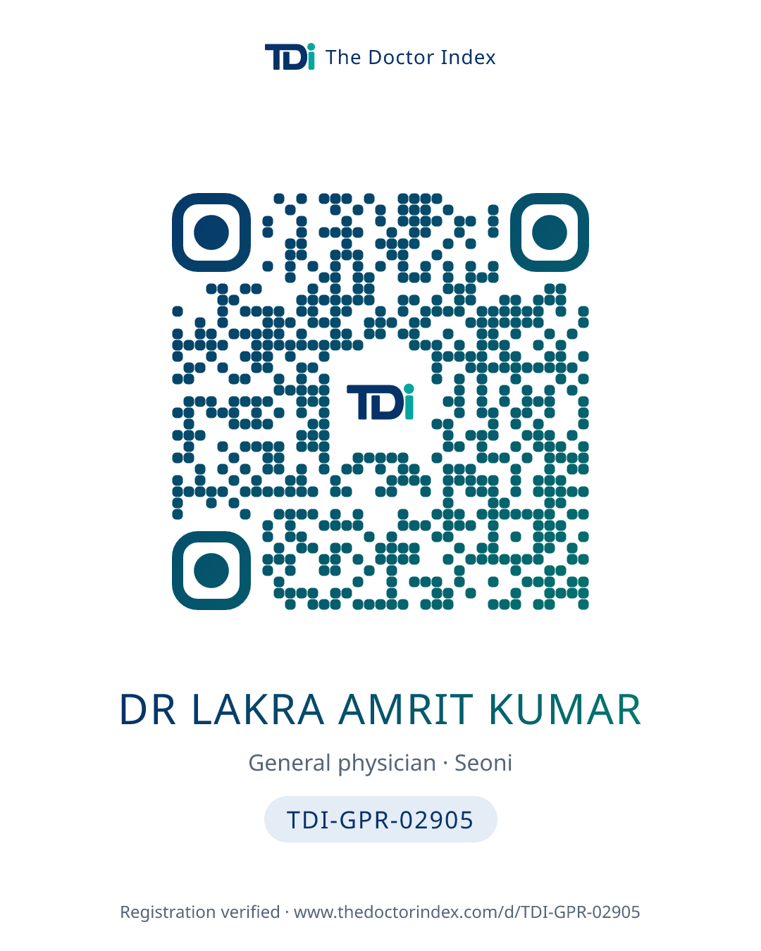 QR card for Dr Lakra Amrit Kumar, TDI-GPR-02905