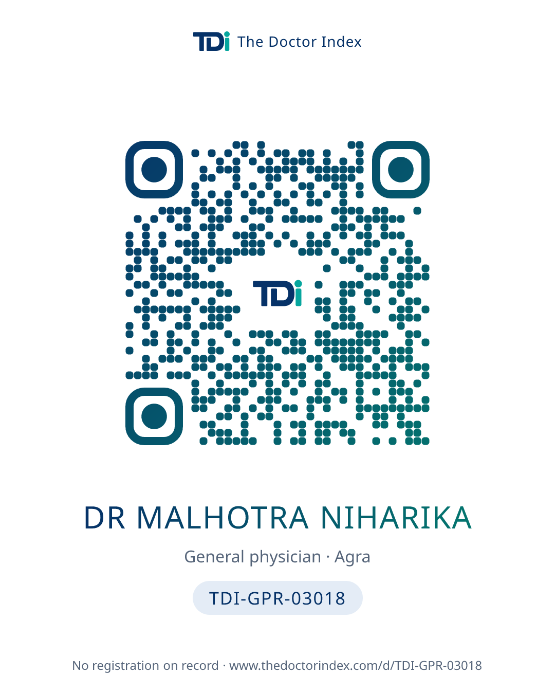 QR card for Dr Malhotra Niharika, TDI-GPR-03018