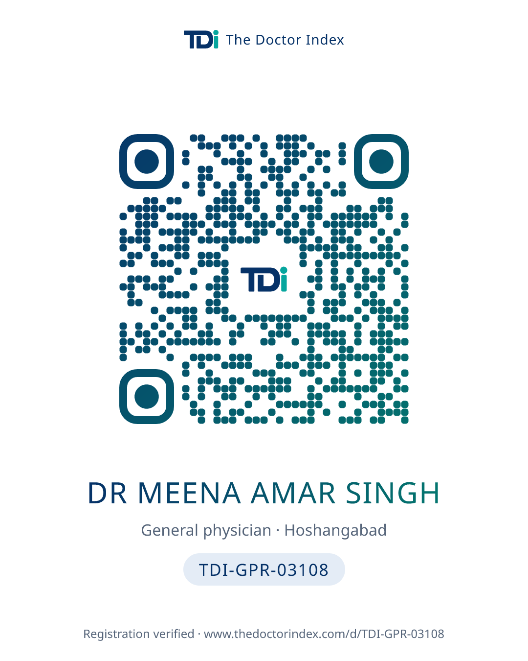QR card for Dr Meena Amar Singh, TDI-GPR-03108