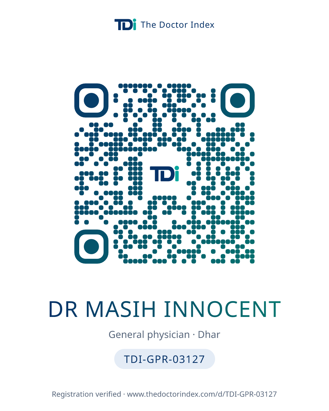 QR card for Dr Masih Innocent, TDI-GPR-03127