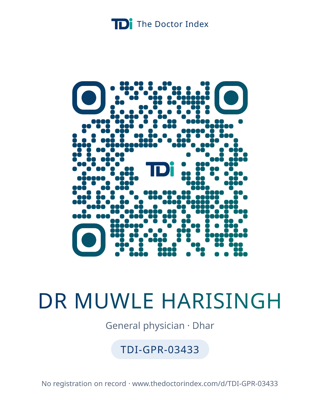 QR card for Dr Muwle Harisingh, TDI-GPR-03433