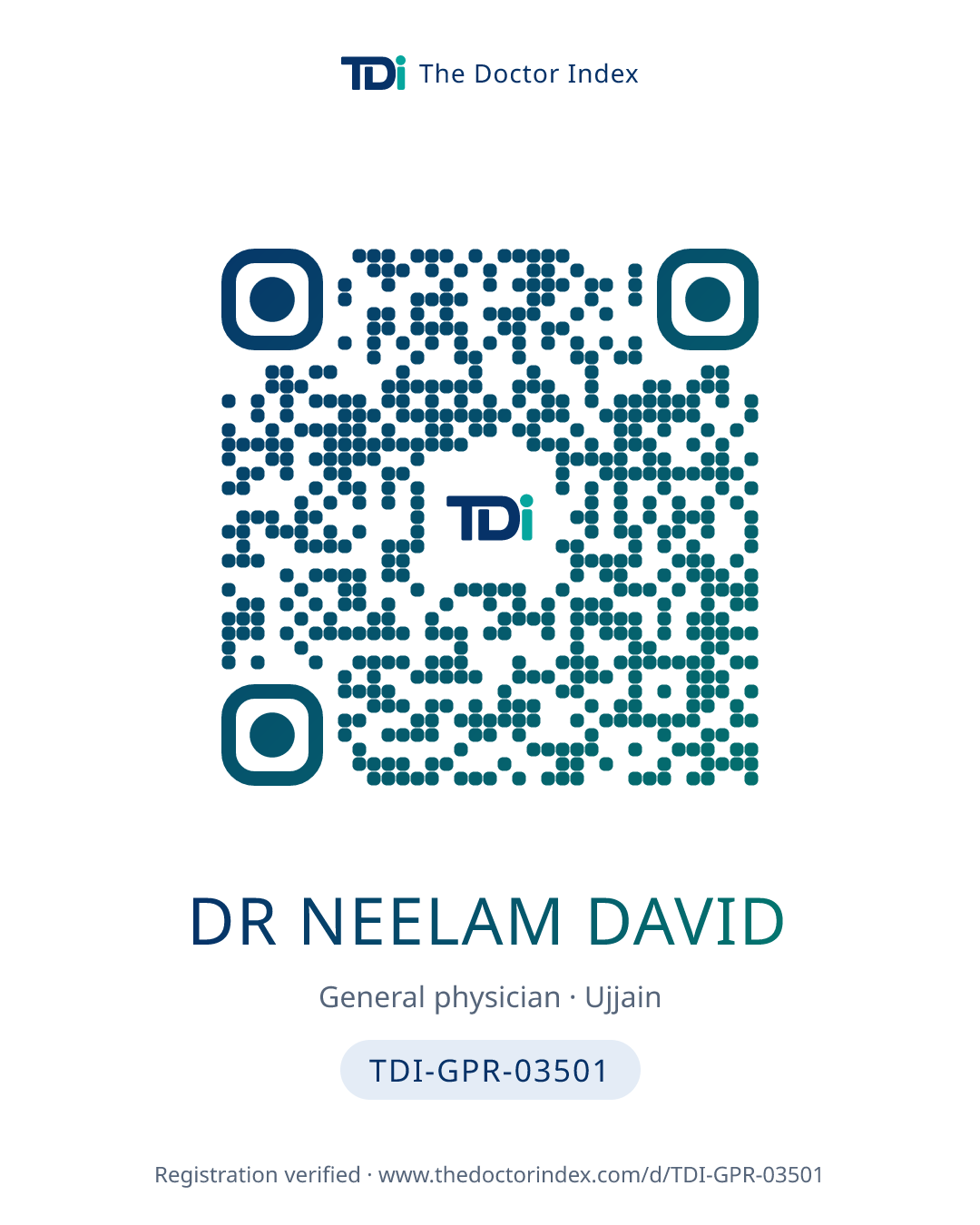 QR card for Dr Neelam David, TDI-GPR-03501