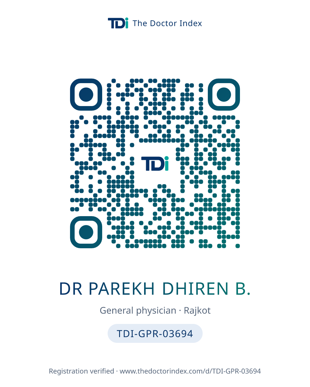 QR card for Dr Parekh Dhiren B., TDI-GPR-03694