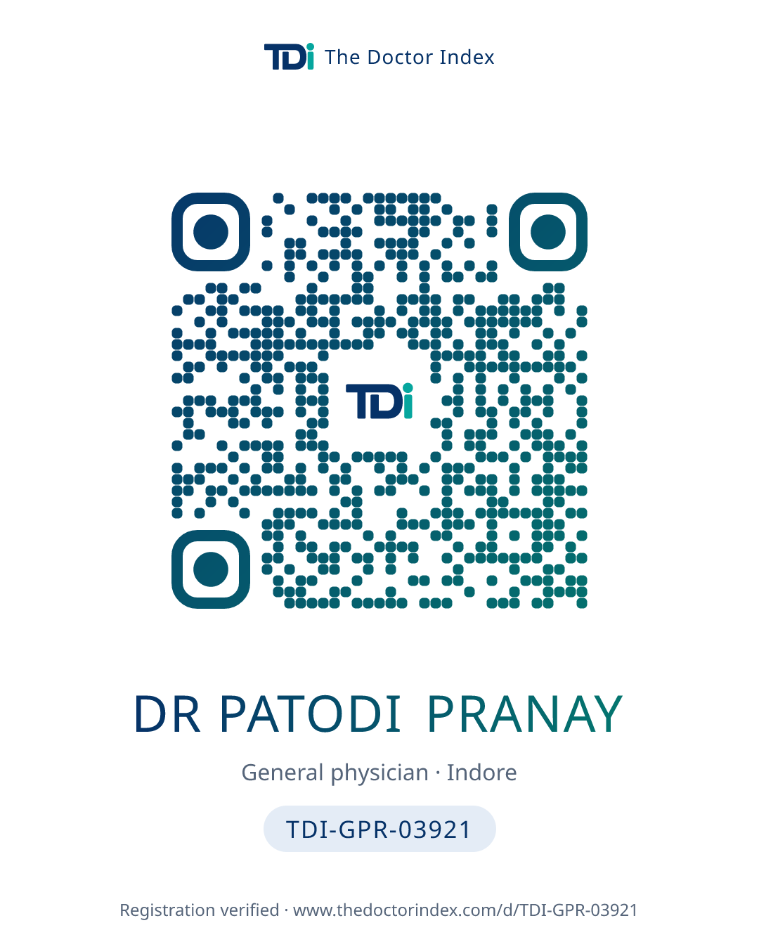 QR card for Dr Patodi Pranay, TDI-GPR-03921