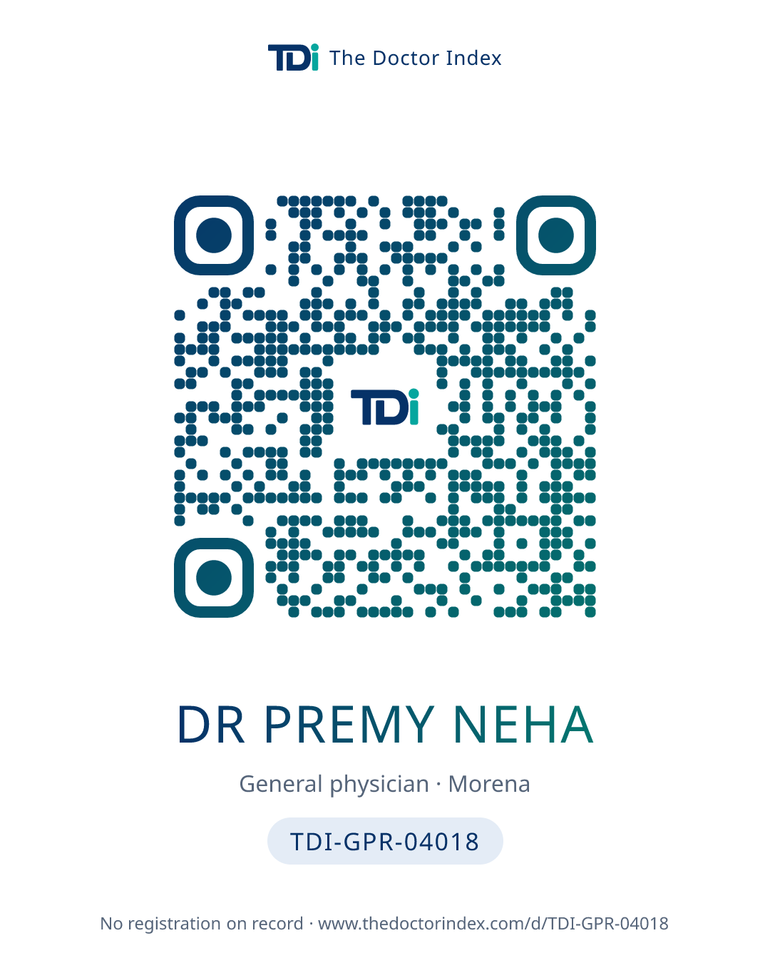 QR card for Dr Premy Neha, TDI-GPR-04018