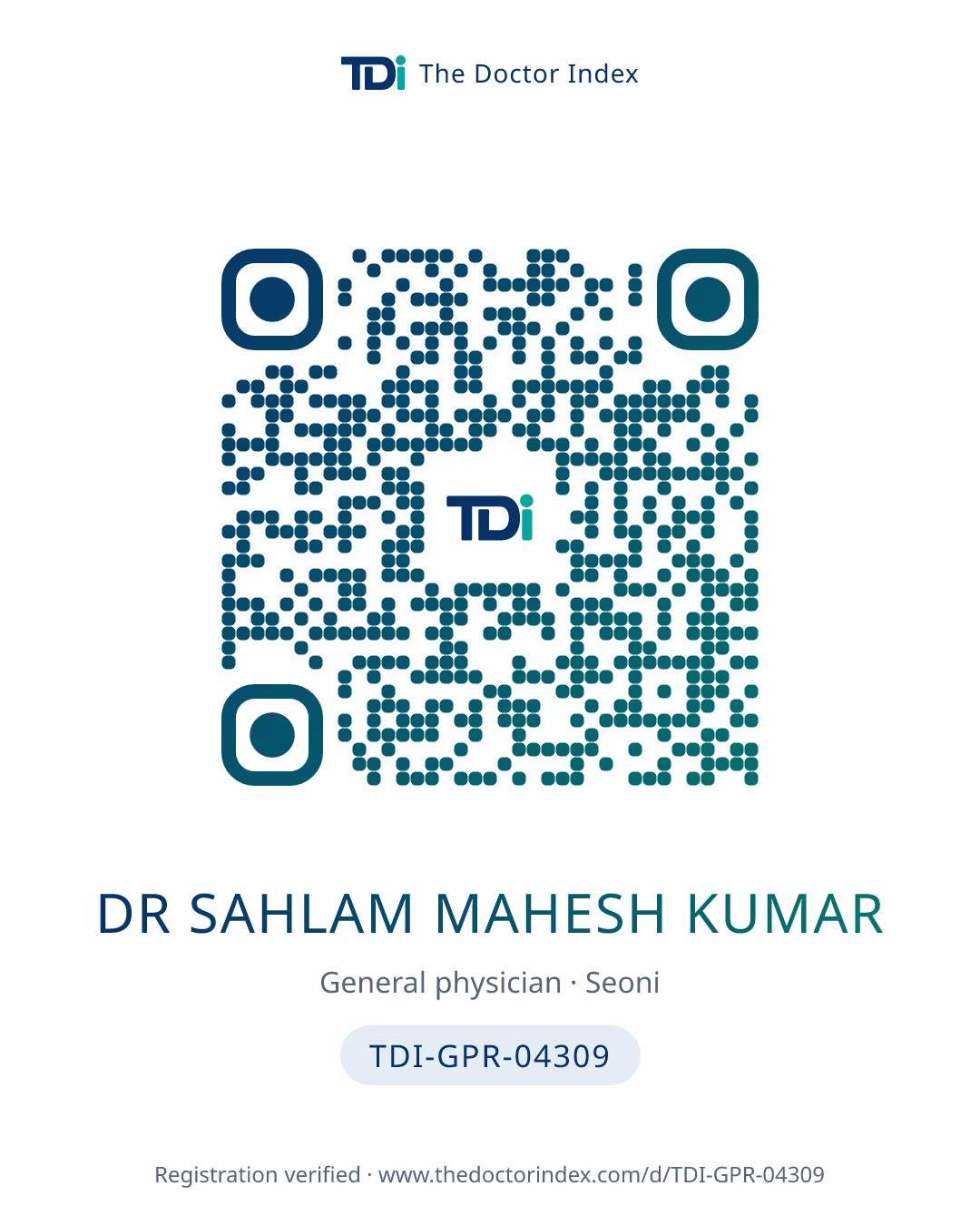 QR card for Dr Sahlam Mahesh Kumar, TDI-GPR-04309