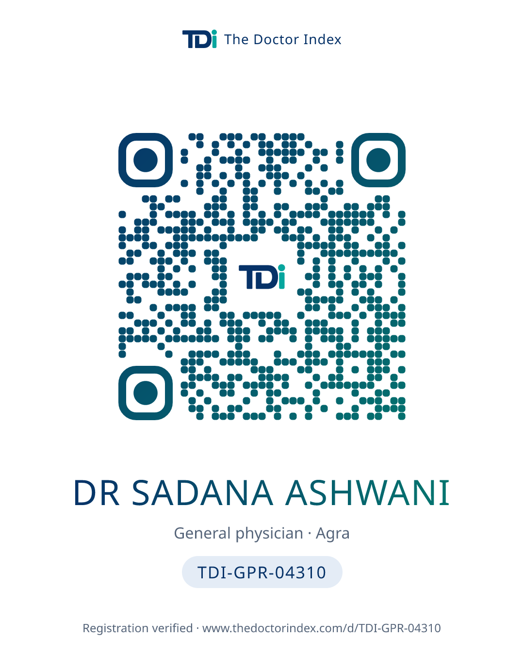 QR card for Dr Sadana Ashwani, TDI-GPR-04310