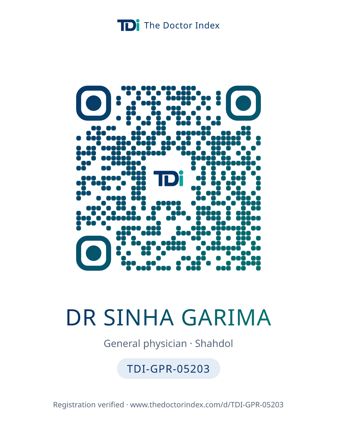 QR card for Dr Sinha Garima, TDI-GPR-05203