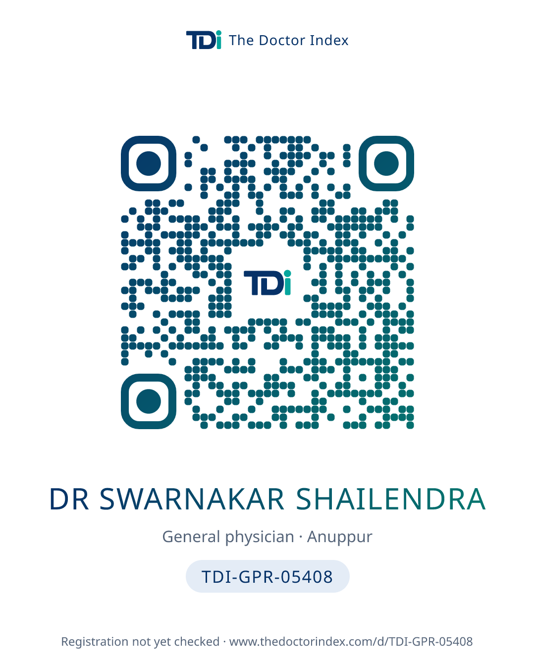 QR card for Dr Swarnakar Shailendra, TDI-GPR-05408