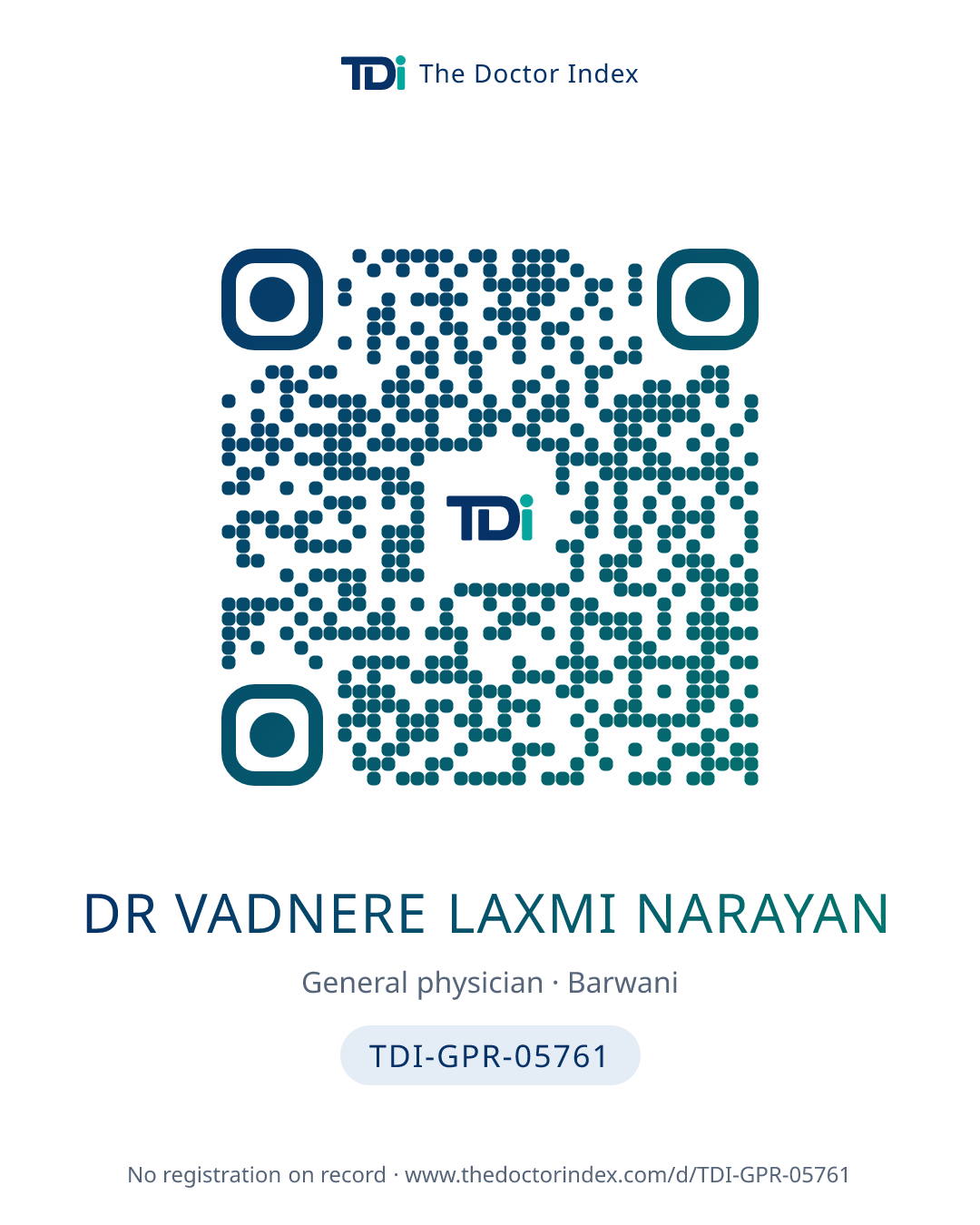 QR card for Dr Vadnere Laxmi Narayan, TDI-GPR-05761
