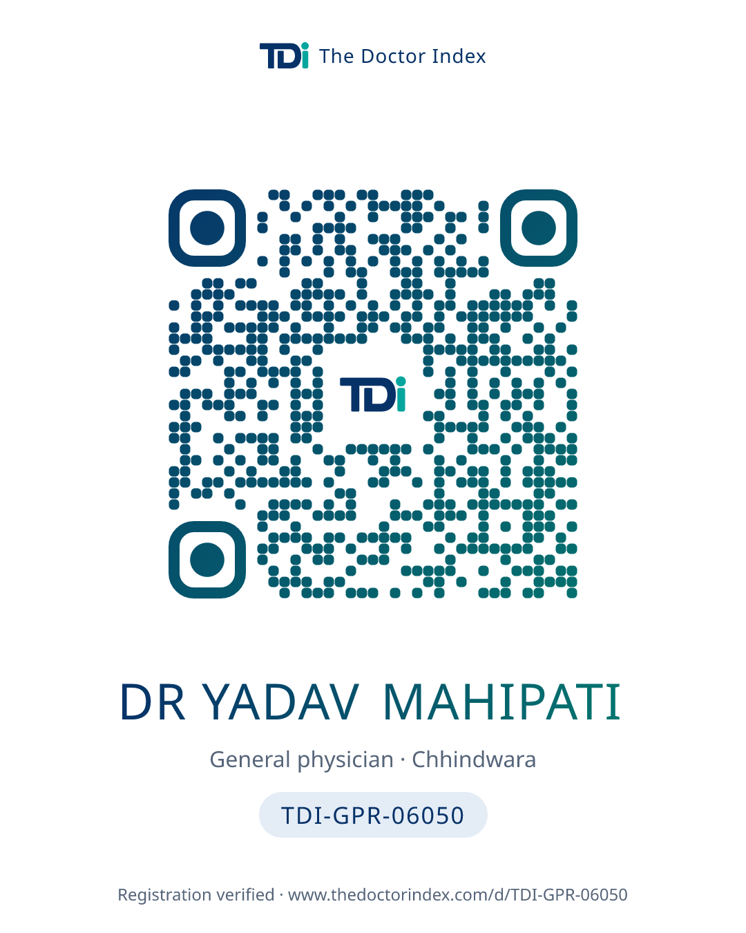 QR card for Dr Yadav Mahipati, TDI-GPR-06050