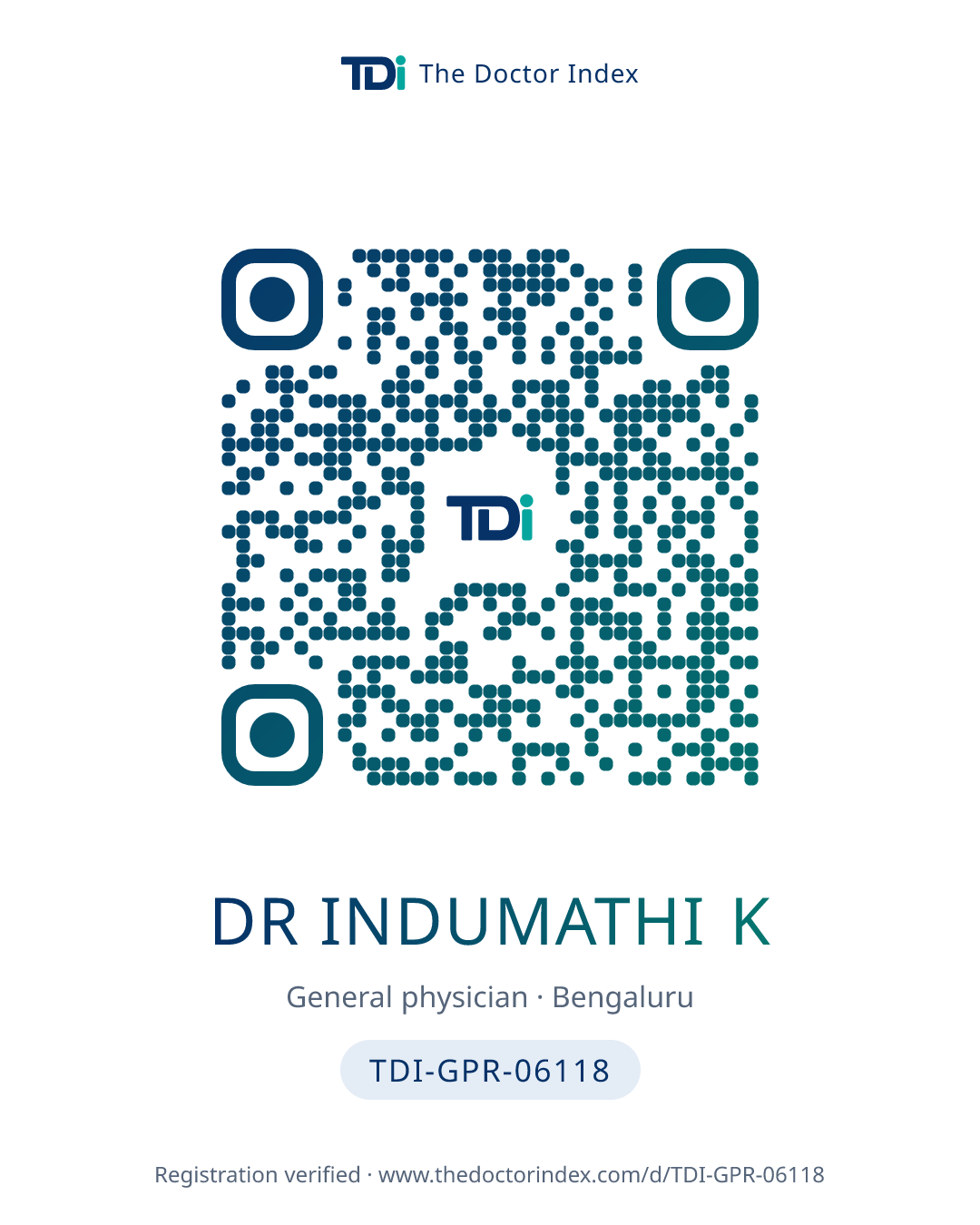 QR card for Dr Indumathi K, TDI-GPR-06118