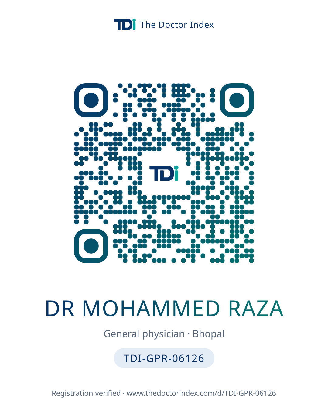 QR card for Dr Mohammed Raza, TDI-GPR-06126