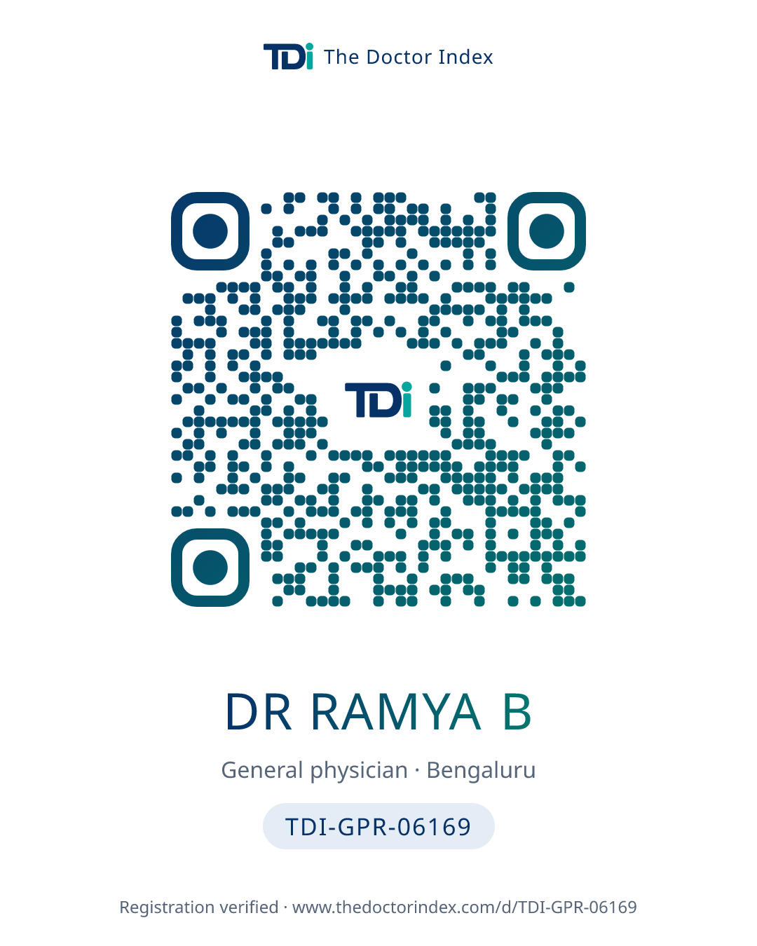 QR card for Dr Ramya B, TDI-GPR-06169