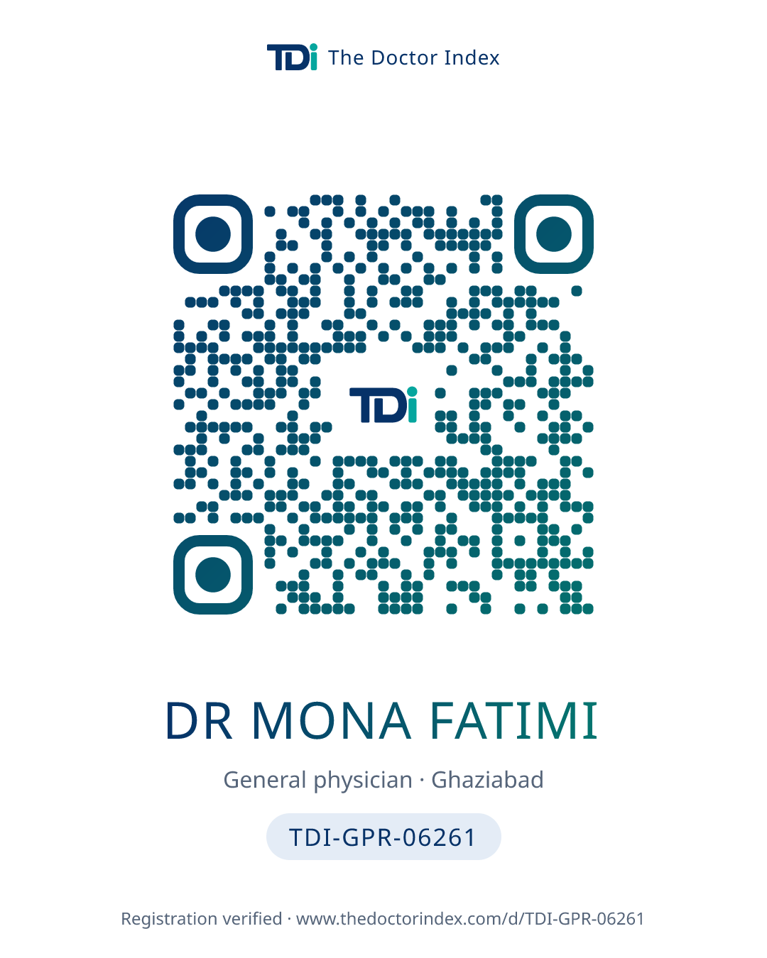 QR card for Dr Mona Fatimi, TDI-GPR-06261