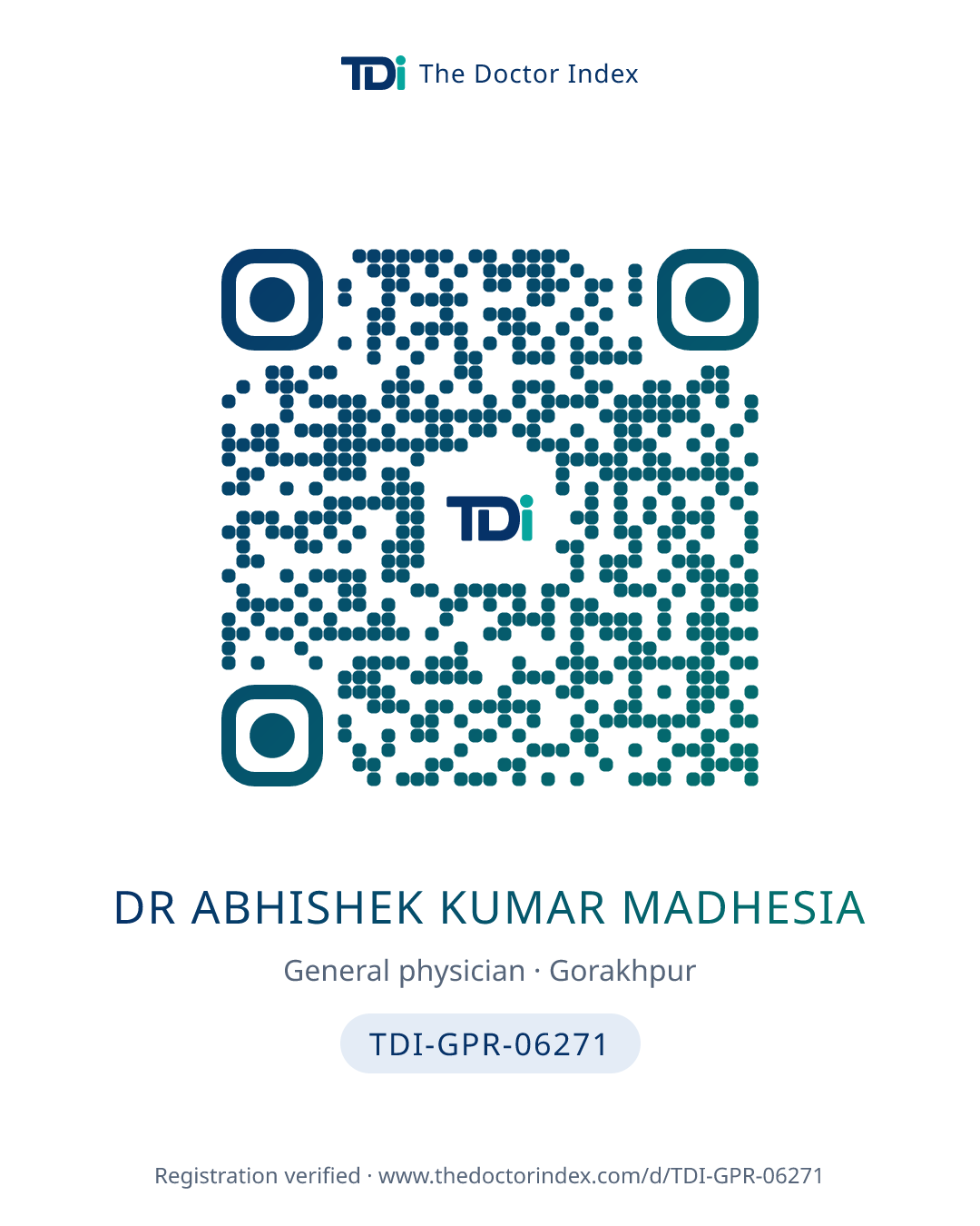 QR card for Dr Abhishek Kumar Madhesia, TDI-GPR-06271
