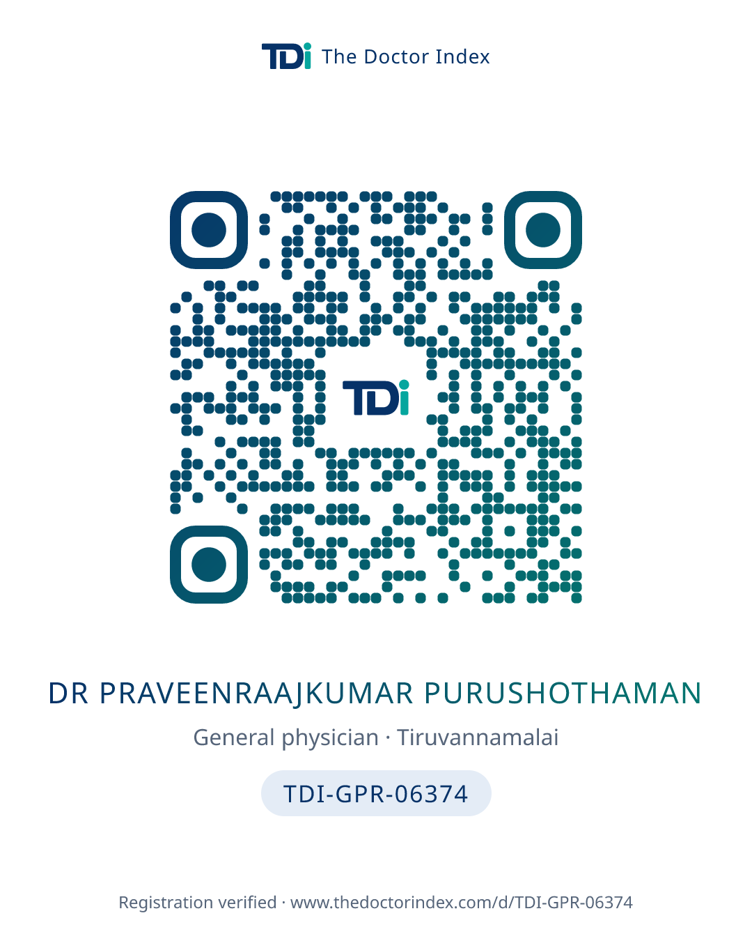 QR card for Dr Praveenraajkumar Purushothaman, TDI-GPR-06374