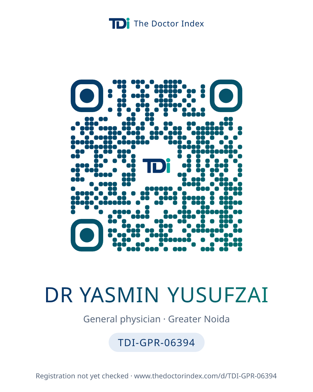 QR card for Dr yasmin Yusufzai, TDI-GPR-06394
