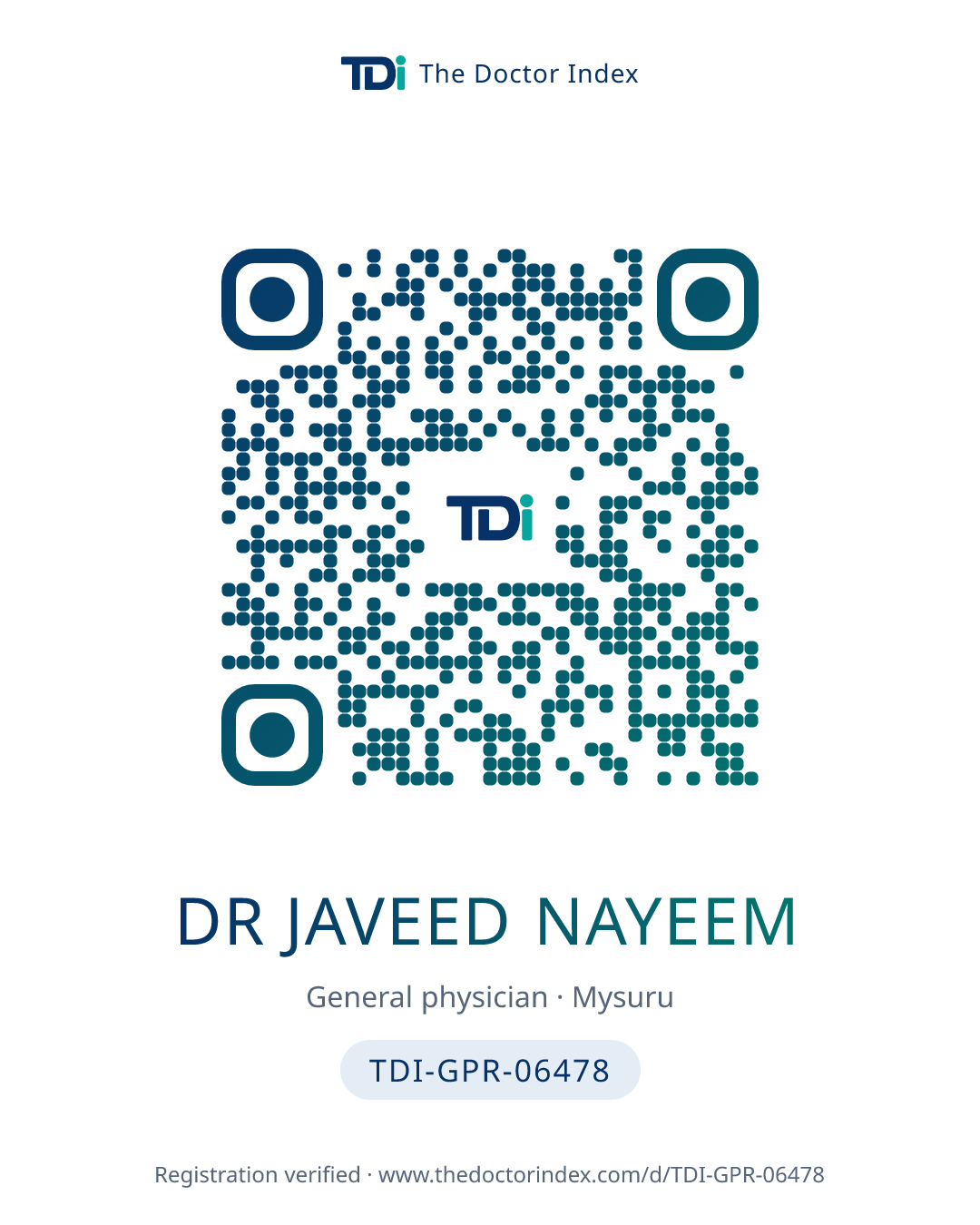 QR card for Dr Javeed Nayeem, TDI-GPR-06478