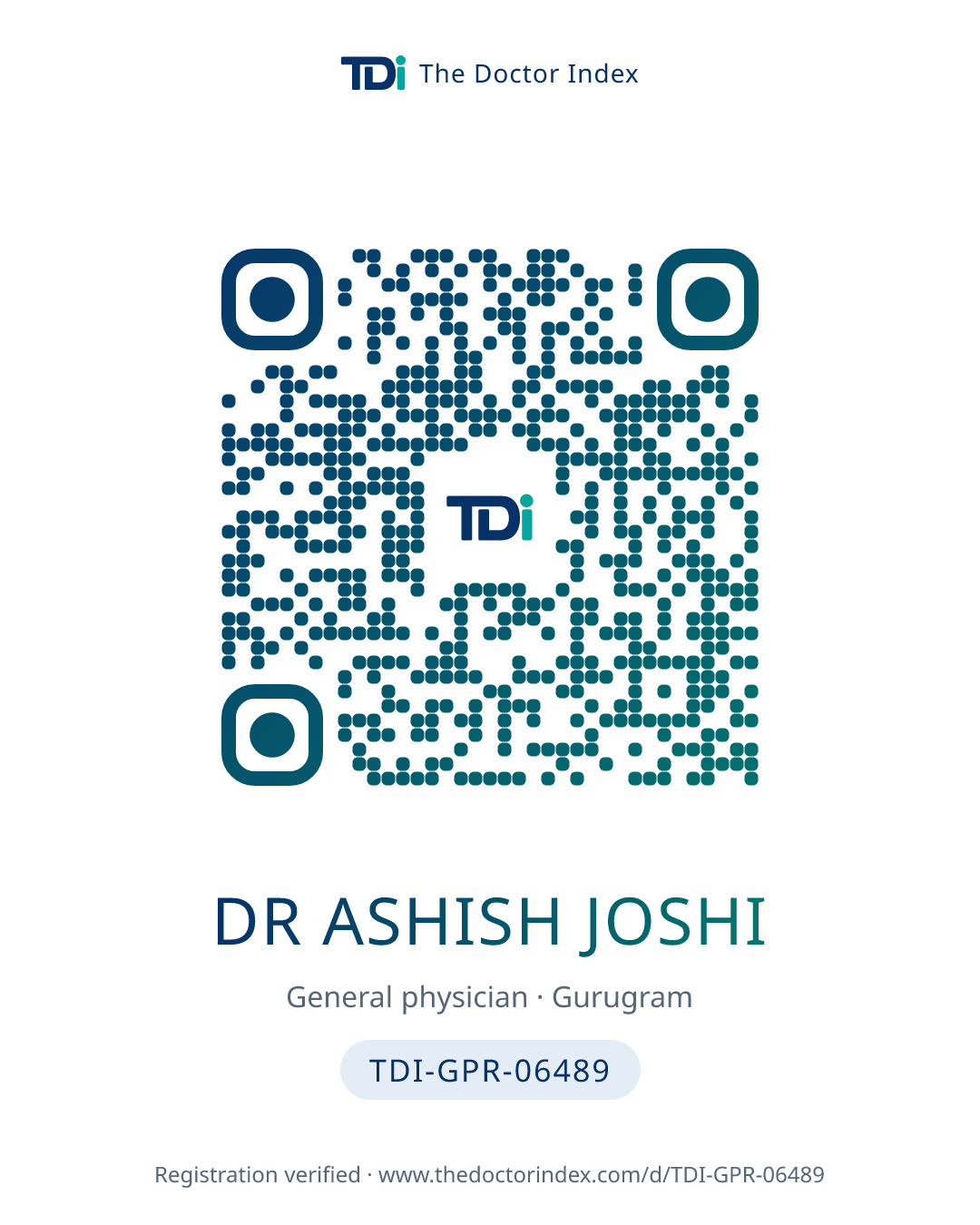 QR card for Dr Ashish Joshi, TDI-GPR-06489