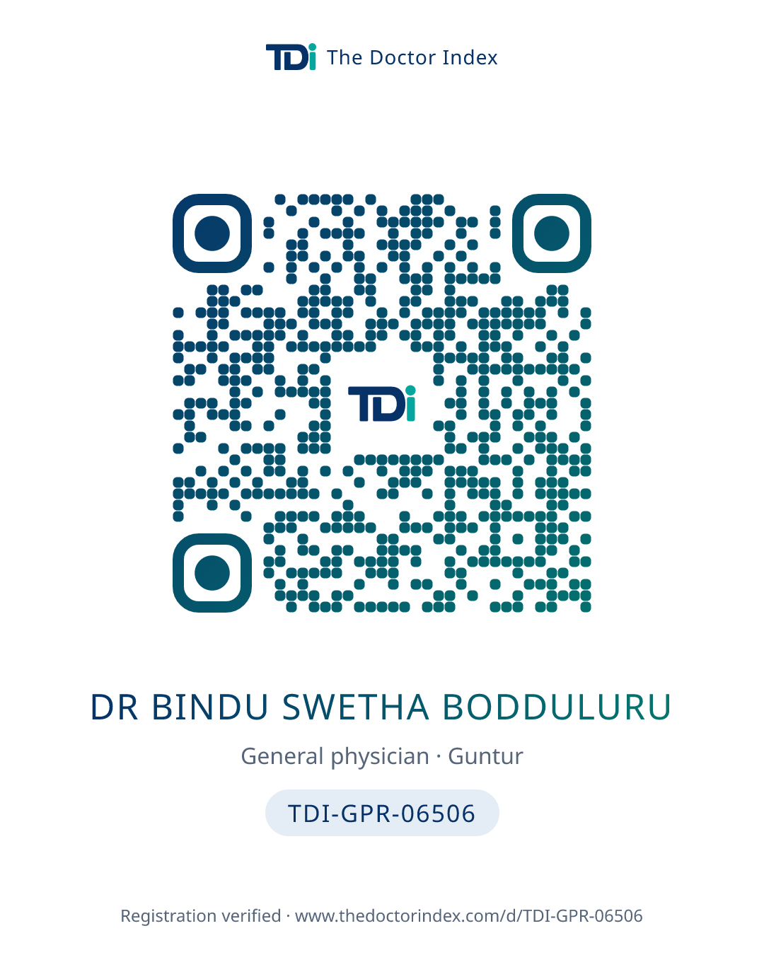 QR card for Dr Bindu Swetha Bodduluru, TDI-GPR-06506