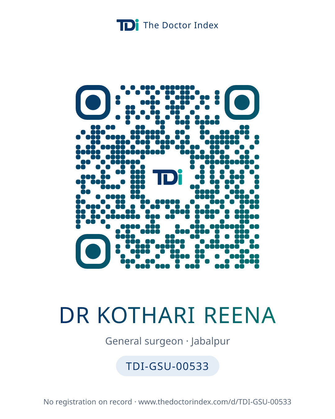 QR card for Dr Kothari Reena, TDI-GSU-00533
