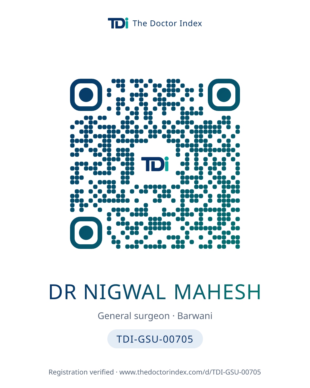QR card for Dr Nigwal Mahesh, TDI-GSU-00705