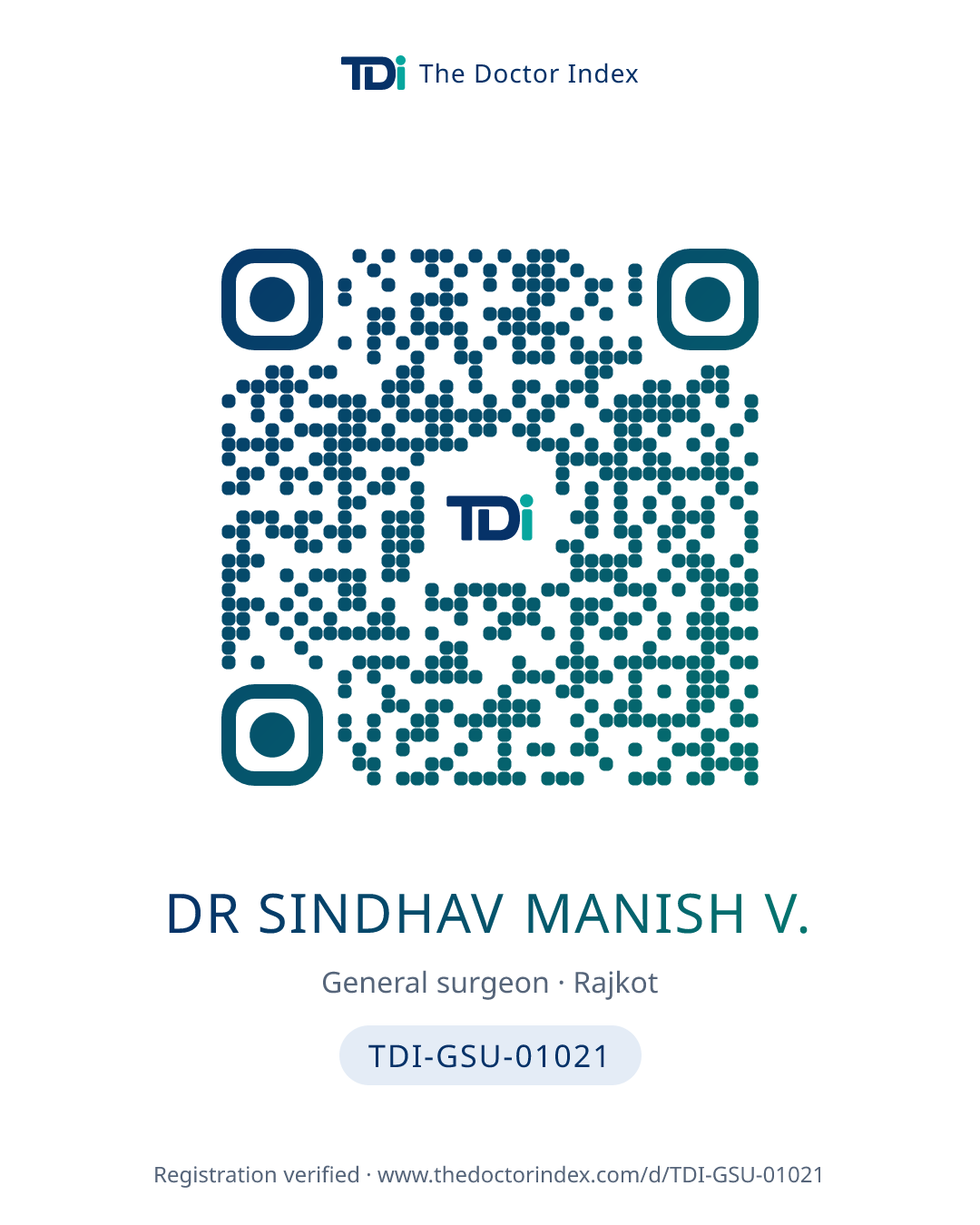 QR card for Dr Sindhav Manish V., TDI-GSU-01021